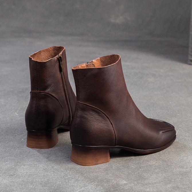Johnature Square Toe Thick Heel Boots Versatile Genuine Leather Short Boots Commuting Women's Shoes
