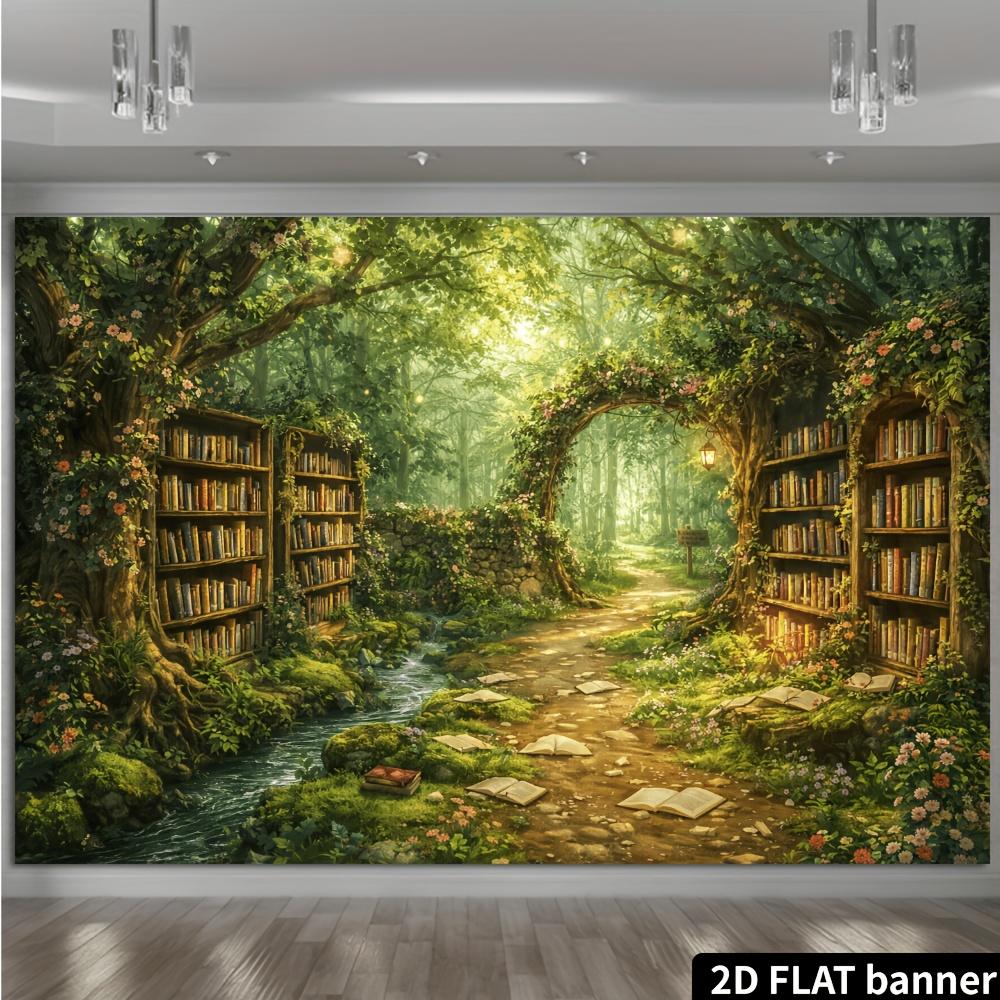 2D plane forest reading room with stream background fabric tree and vine bookshelf and forest path connecting them