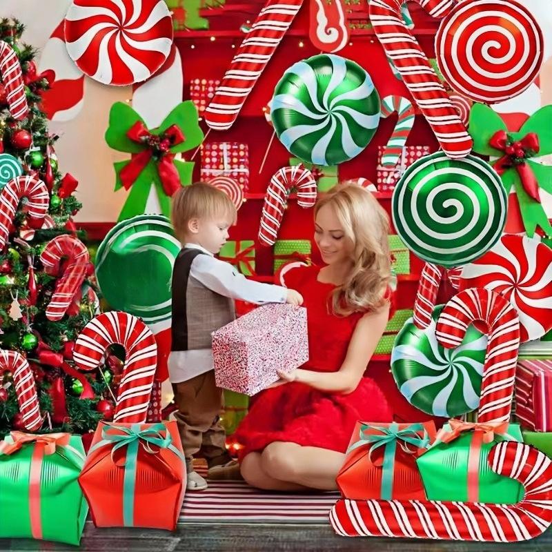 2-10PCS 84x39cm Large Red Christmas Candy Cane Foil Balloons, Xmas Walking Stick Candy Balloon For Xmas New Year Festival Decor