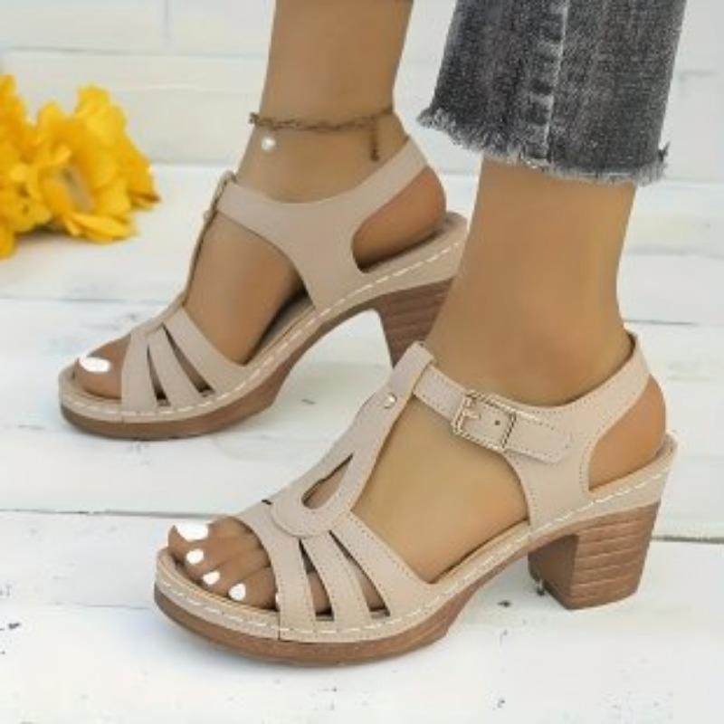 New large-size sandals women's summer solid color fish mouth thick heel one-word buckle high-heeled sandals