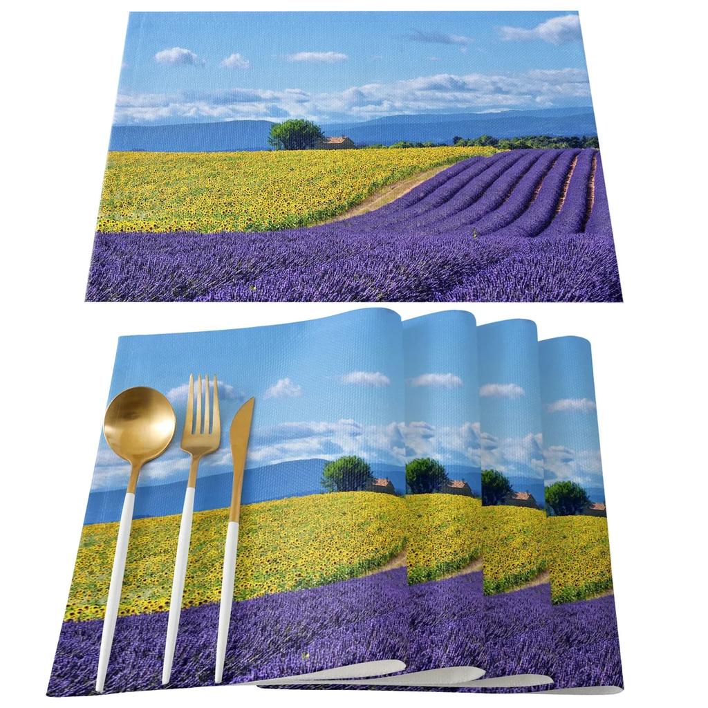 1PC Table Mats Purple Lavender Printed Linen   Kitchen Accessories Home Party Decorative Placemats
