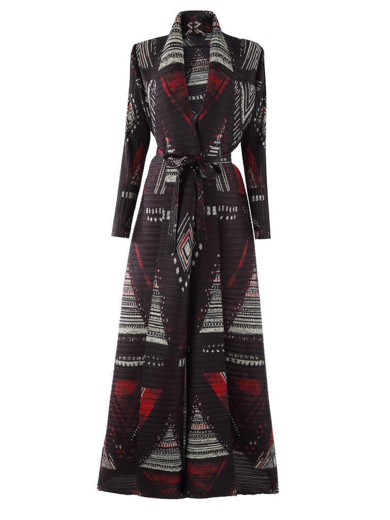 Pleated Printed Long Trench Coat for Women - 2025 Spring Lapel Loose Fit Plus Size Long Sleeve Robe