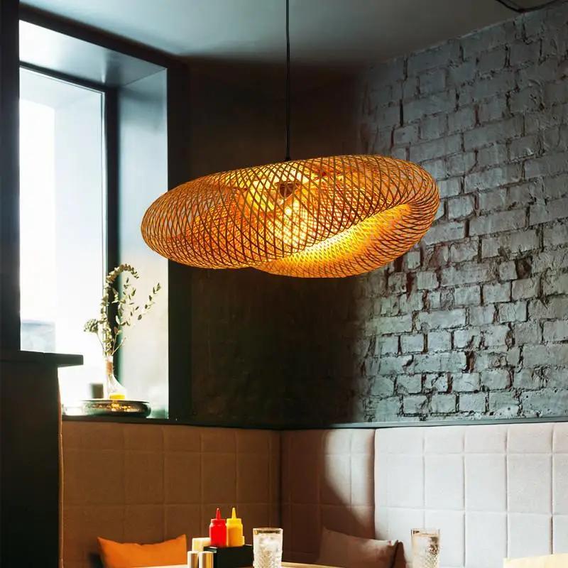 36CM Led Pendant Lamp B&B Chandelier Bamboo Weaving Light for Living Room Dining Handmade Modern Art Bamboo Lampshade Restaurant