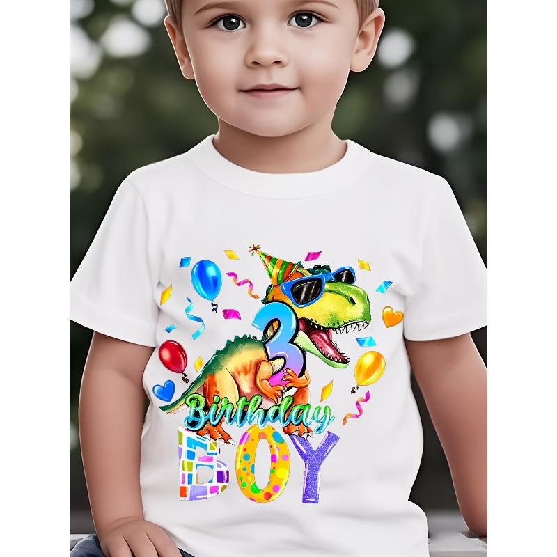 European sizes Boys  3-Year-Old  Happy Birthday  Dinosaur Cartoon Print T-Shirt, Casual Sporty Animal Birthday Gift for Kids 110 белый
