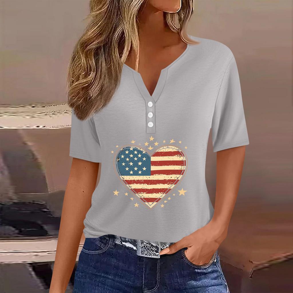 Women's T Shirt Tee Independence Day Print Button Short Sleeve Daily Weekend Fashion Basic V-Neck Regular Top