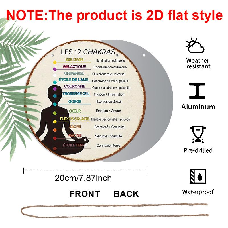 2D Flach, 1 Stück 7,87" Französisches Chakra-Rad (12 Chakren) Meditations Yoga Aluminiumschild, Vintage Spirituelles Schild für, Studio & Meditationsraum Dekoration, Chakra