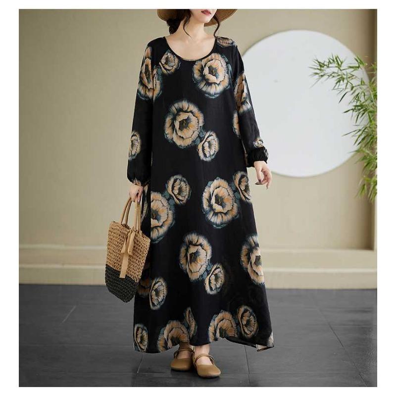 Vintage Long Sleeve Age Reducing Plus Size Casual Long Dresses