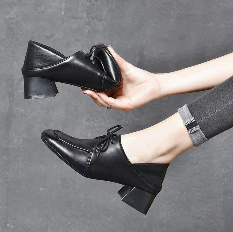 Square head thick heel women's shoes work shoes 2025 spring new single shoes lace-up versatile comfortable deep mouth loafers