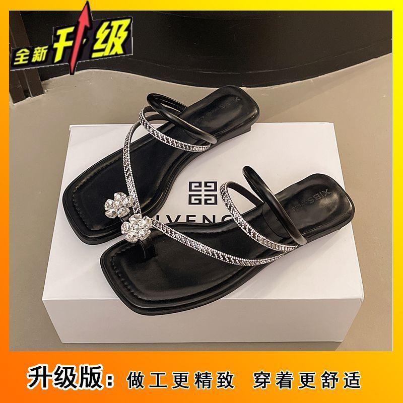 2025 New Summer Rhinestone Sandals Girl Wearing Fairy Style Slippers French Low Heel One Word Popular Cool Slippers