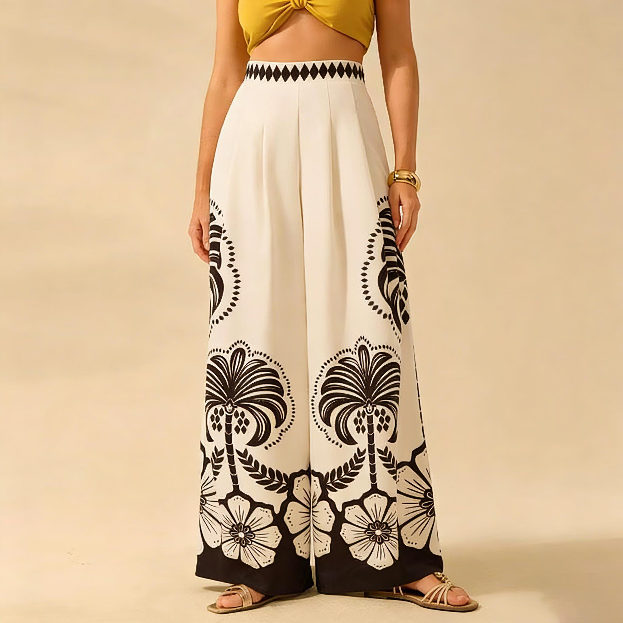 Ladies  Color Printed Casual Loose High Waisted Wide Leg Pants M белый