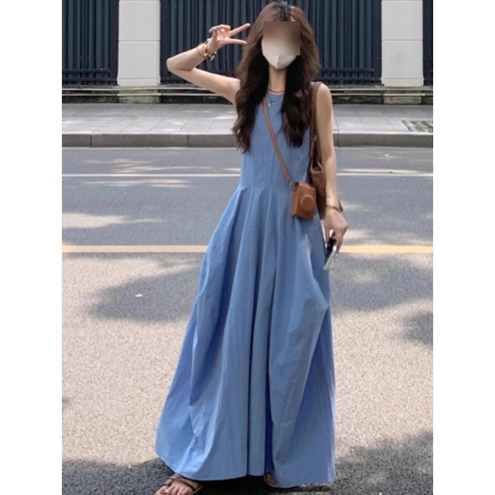 

Темпераментное синее платье-жилет женская одежда лето новый повседневный пляжный отпуск талия приталенная юбка XL- (recommended 110-60kg)