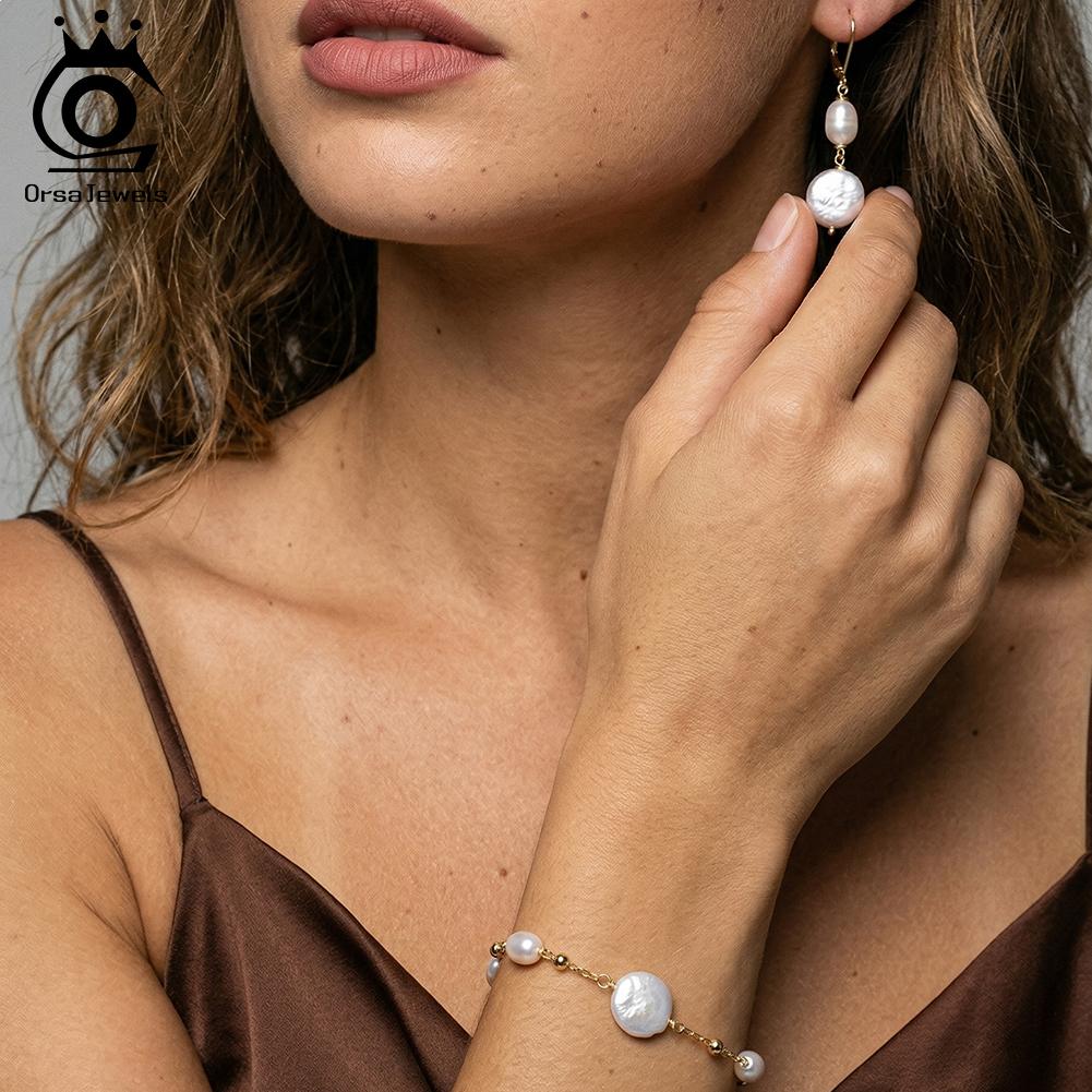 ORSA JEWELS 925 Sterling Silver Natural Freshwater Pearl Ear Line for Women Sweet Chic 14K Gold Plated Earrings Jewelry GPE138