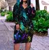 Women Plus Size V Neck Long Sleeve Green Leaf Printed Fitted Dress