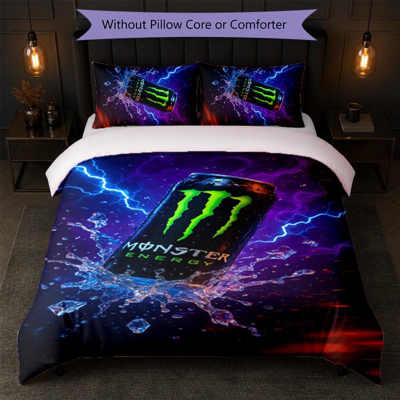 Set Copripiumino Monster Energy Stampa 3 Pezzi 1 Copripiumino e 2 Federe Biancheria da Letto Morbida per Camera da Letto Domestica