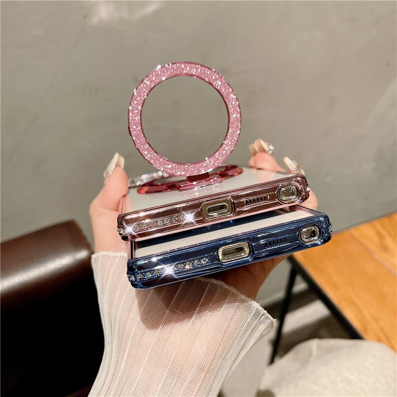 For Samsung Galaxy S25Ultra Luxury Flash Diamond Plating Frame Glitter Stand Holder Phone Case For Samsung S22 S23 S24Plus Cover