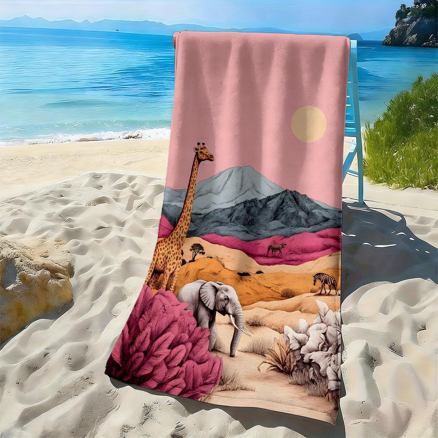 

Grassland Giraffe and Elephant Pattern polyester microfiber beach towel is highly absorbent, suitable for swimming beach outings W40*H60(CM)
