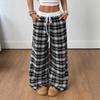 Retro Karo Bodenlange Weitbeinige Hose: Elastischer Bund, Vielseitig, Bequem, Gerades Bein, Lässiger Stil