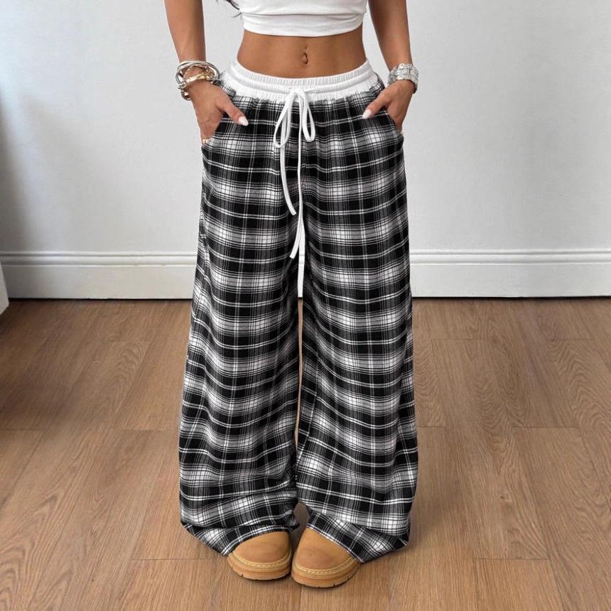 Retro Karo Bodenlange Weitbeinige Hose: Elastischer Bund, Vielseitig, Bequem, Gerades Bein, Lässiger Stil