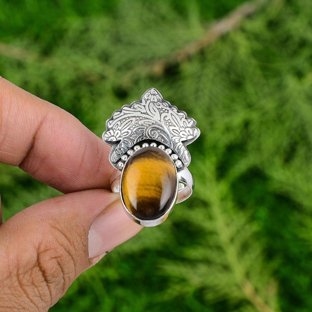 925 Silver Oval Natural Tigers Eye Handmade Daughter Statement Bezel Boho Ring
