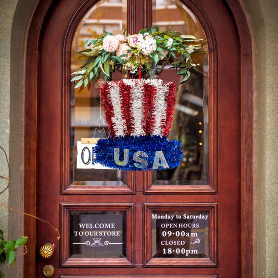

Independence Day Patriotic Tinsel Wreath Red White Blue USA Hat 4th of July Indoor Outdoor Front