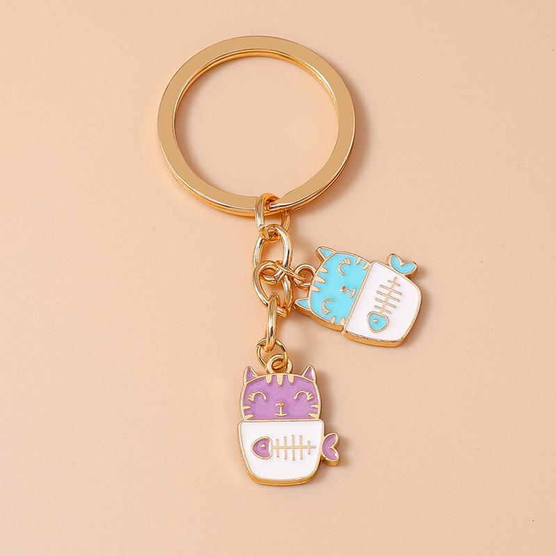 Lovely Enamel Cartoon Cat Keychain Animal Key Ring Pendants for Women Girls Handbag Decor DIY Jewelry Accessories Gifts