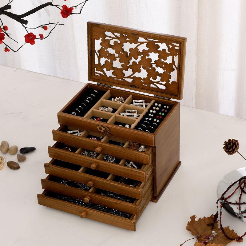 Vintage Chinese Wooden Jewelry Storage Box Hollow Multi-Layer Display Organizer Elegant Jewelry Collection Case Decorative Storage Box