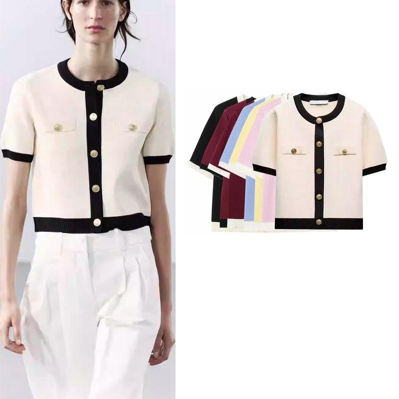 Summer New Women clothes Graceful Simple Golden Breasted Long sleeve round Neck Short Knitted Outerwear 1822006