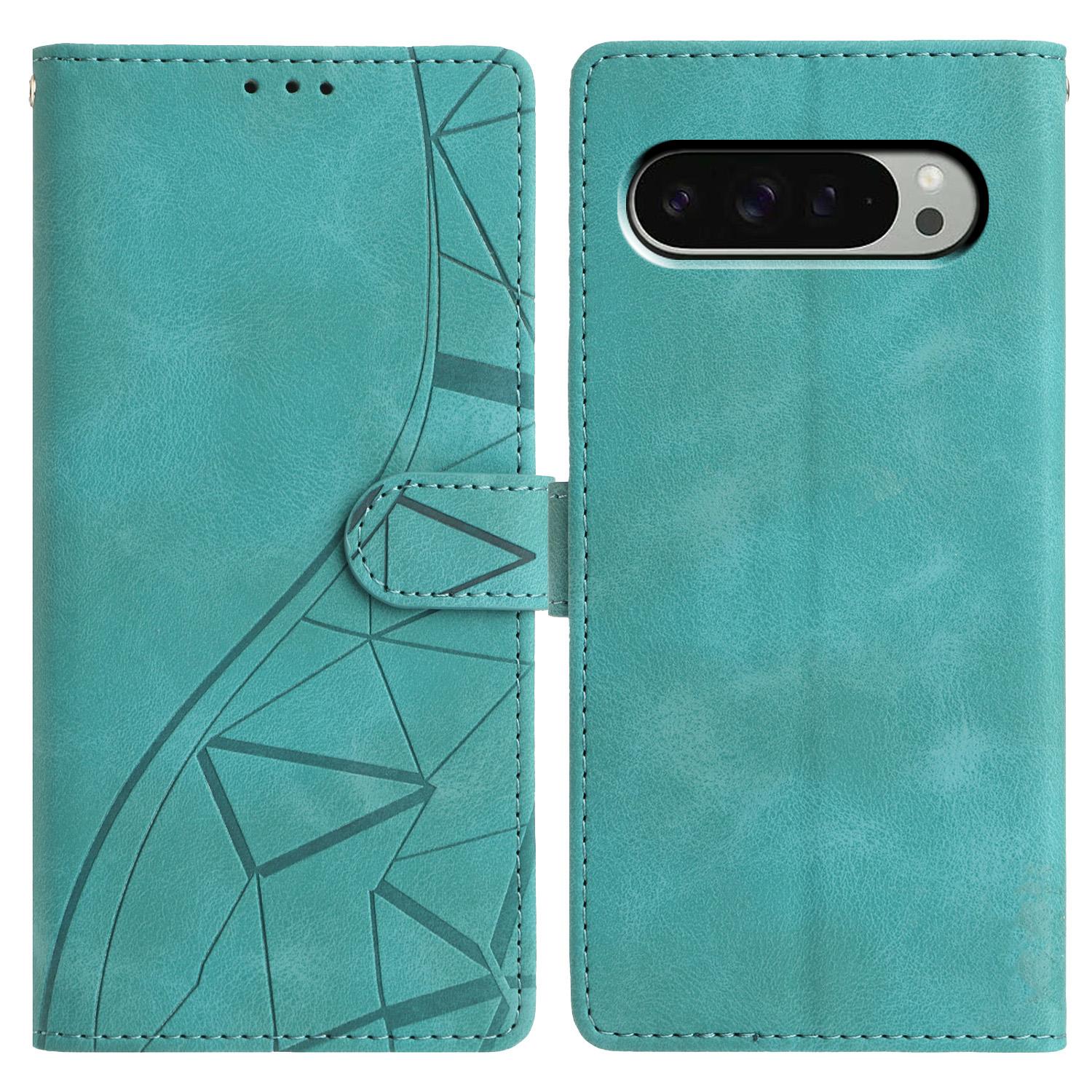 

For Google Pixel 9 Pro/Pixel 9 Case Wallet Stand Imprinted Triangle Pattern Leather Phone Flip Cover Green