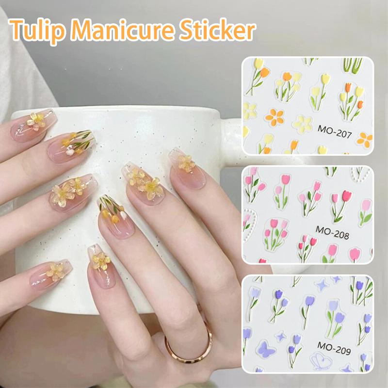 5D Blumen Nageltattoos Tulpen Design Frühling Blumige Blätter Selbstklebende Nagelaufkleber Kleine Frische Blumen Slider Maniküre Dekor