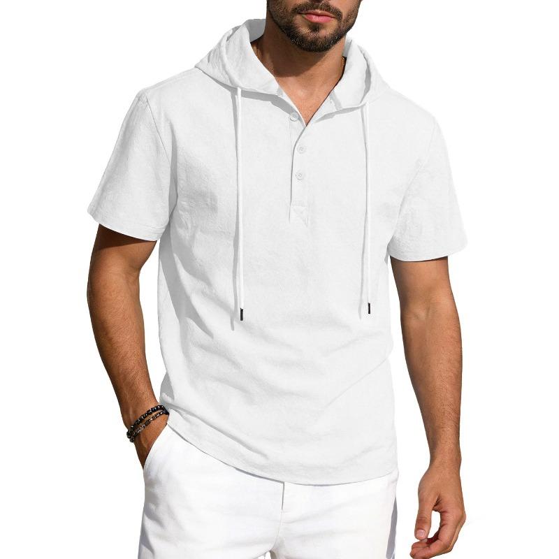 Men American Style Summer Short Sleeve Hooded Solid Color Casual Loose T Shirt