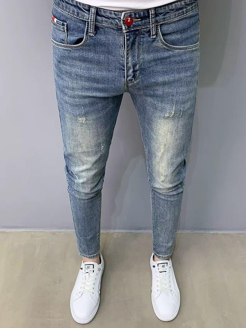 

JYL Men s Slim Jeans Four-Season Dark Blue Trendy American Casual Denim Pants 34 безодня