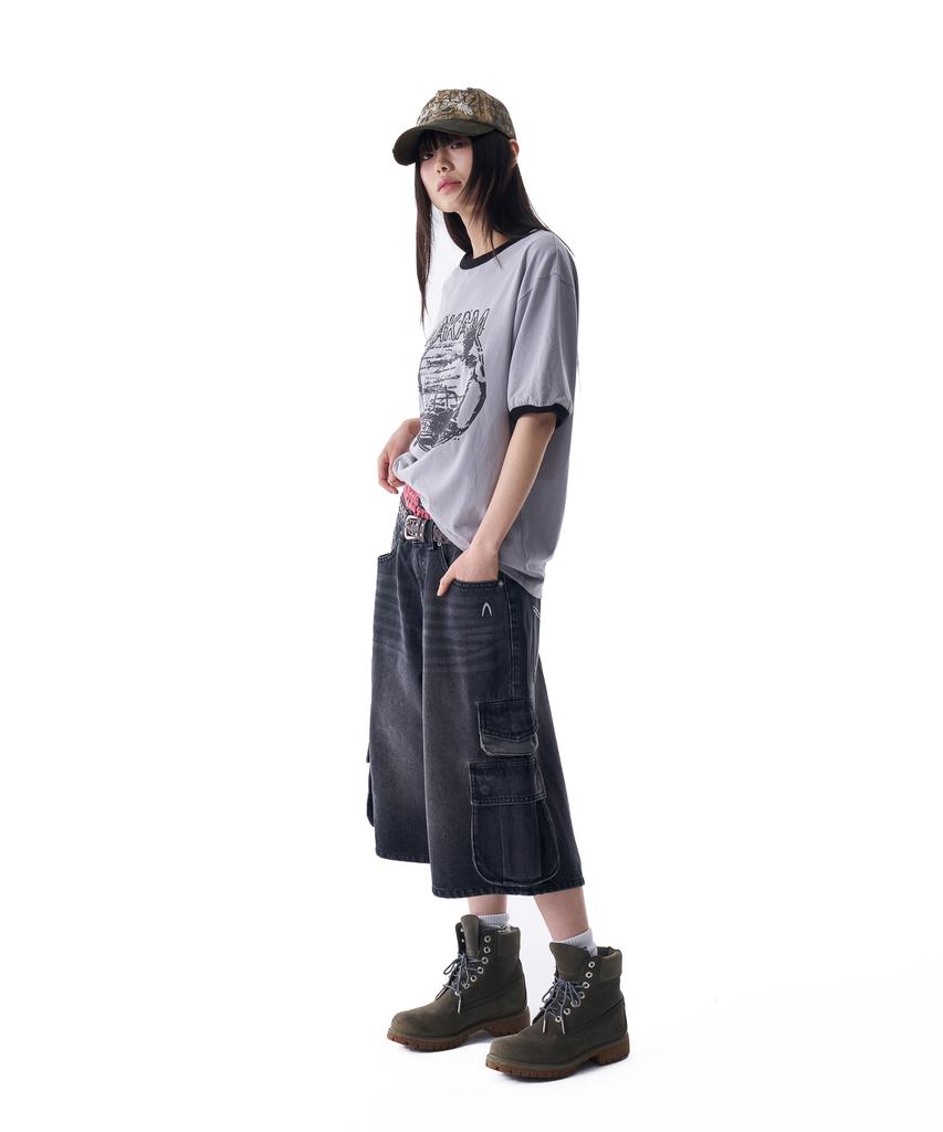 AAKAM Camo Patch Bermuda Denim Cargo Pants (Black)