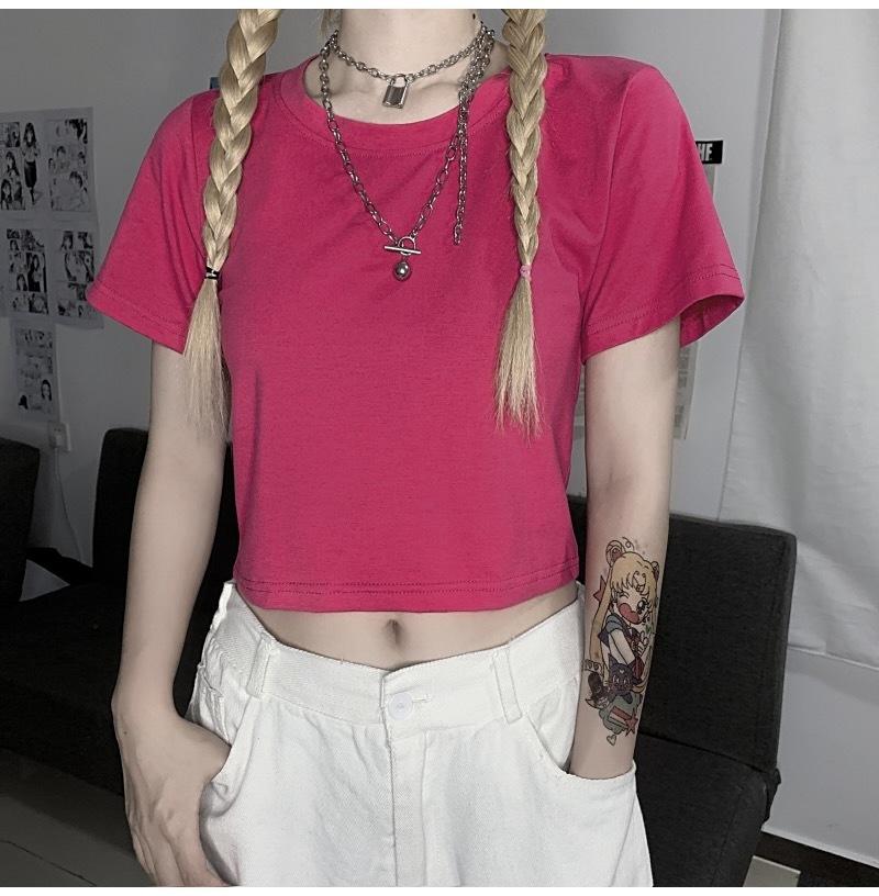 Women's Crew Neck Short Sleeve Crop T-Shirt Slim Fit Candy Color Solid Polyester Cropped Top Multi Color Y2K Summer Casual Tee