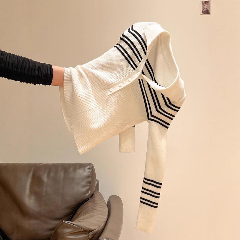 Contrasting Striped Knitted Long-sleeved Bottoming Shirt with Women's Autumn Clothes, New Semi-open Neck Long-sleeved High-end Top