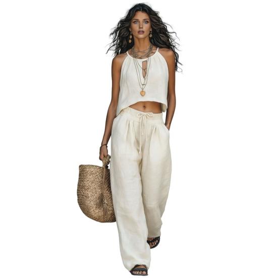 Completi da Donna 2 Pezzi Top Corto Senza Maniche e Pantaloni Lunghi a Gamba Larga Set Coordinati Casual Abbigliamento Estivo per Viaggi Vacanze Relax