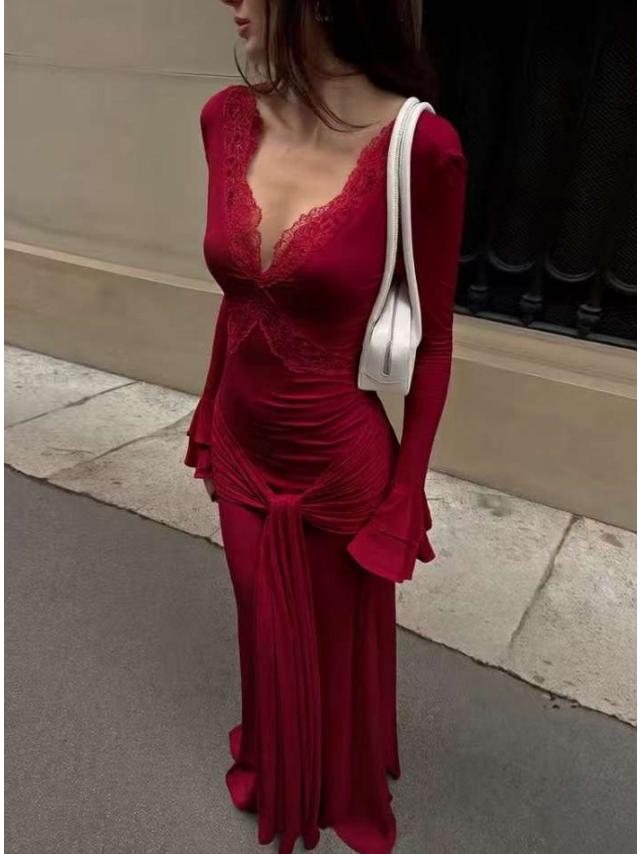 

2026 Spring Elegant Slim Fit Women s Long Dress with Sexy Lace Patchwork and European-American Design L вина червоного кольору