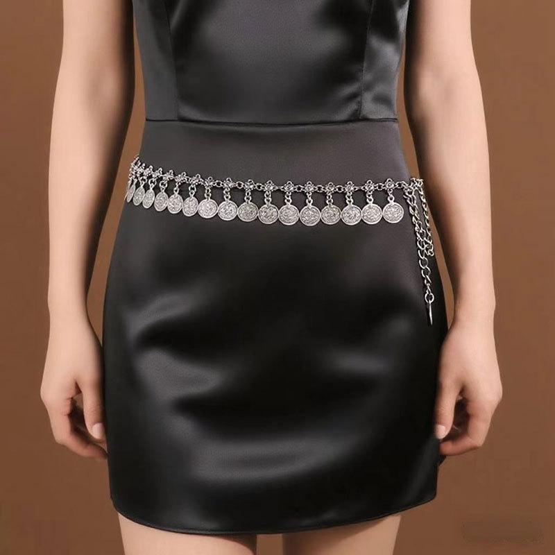Ethnic Style Metal Retro Coin Waist Chain Women'S Adjustable Dress Waist Seal Love Butterfly Flower Fringed Belt