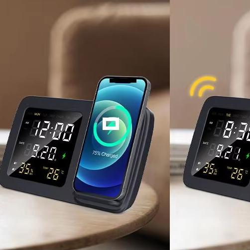 Original Factory S Wireless Charging Phone Stand with Digital Alarm Clock Desk Charger with Temperature / Humidity