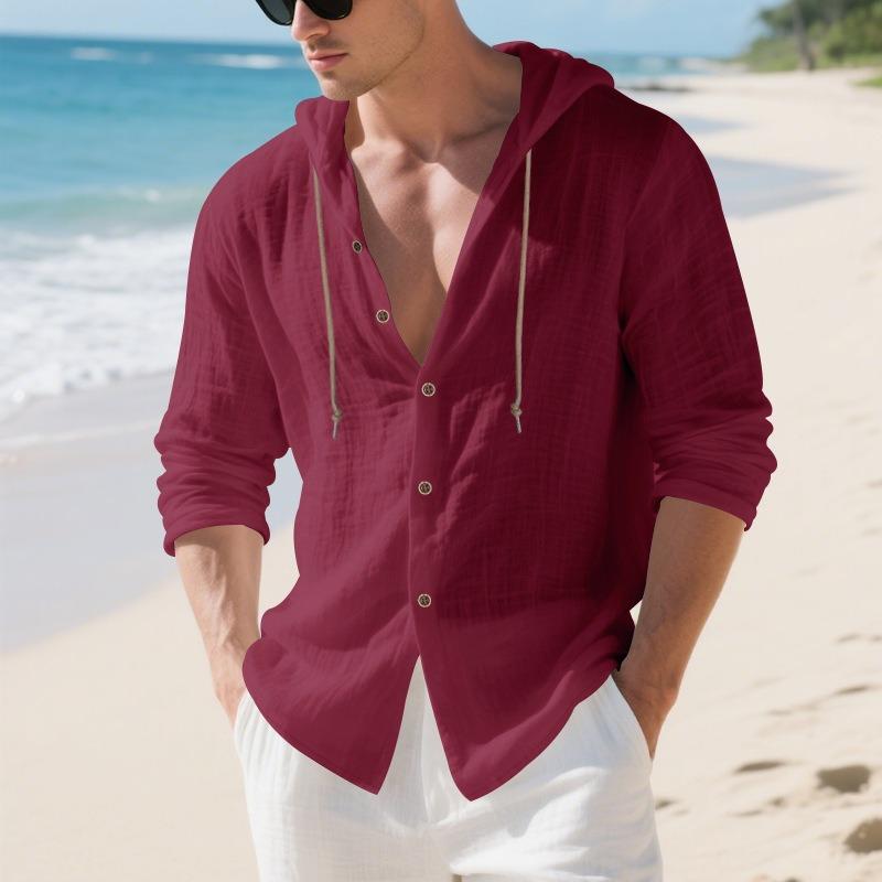Spring Autumn Vintage Cotton Linen Hooded Shirt Male Long Sleeve Casual Fashion Blouse Men Solid Cardigan Top