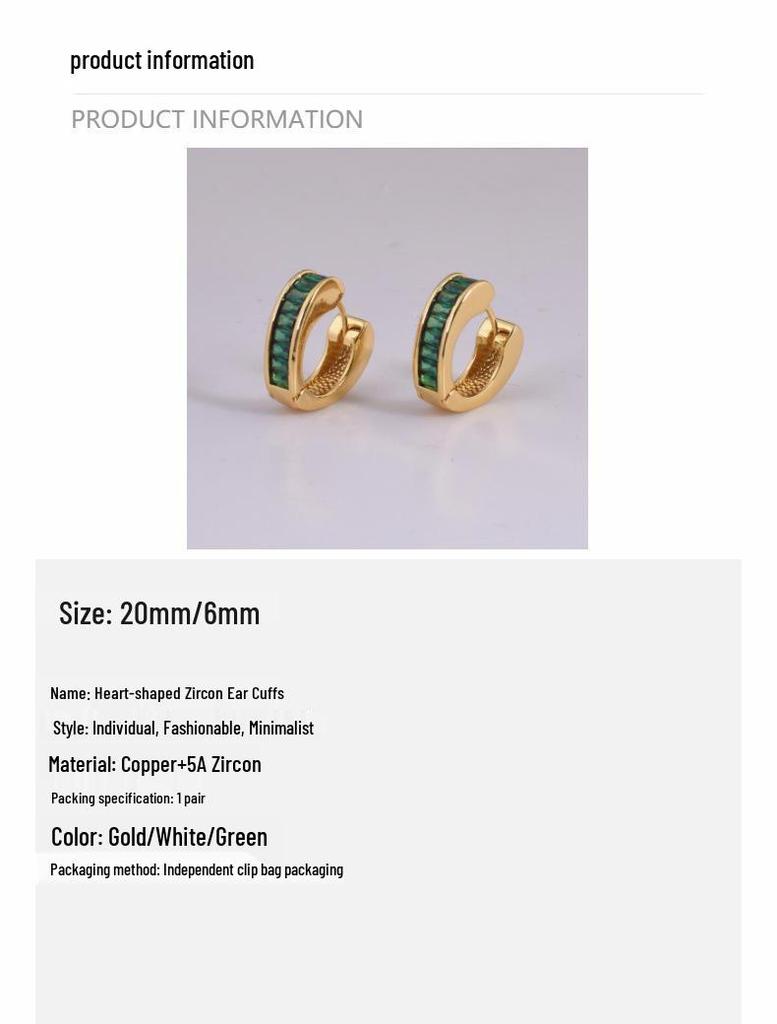 Elegant Heart-Shaped Zircon Ear Cuffs – Versatile, Stylish European & American Design