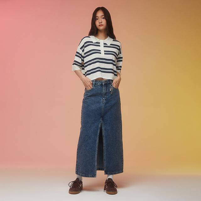 Rap Washed Front Slit Long Denim Skirt Aq3Ds864
