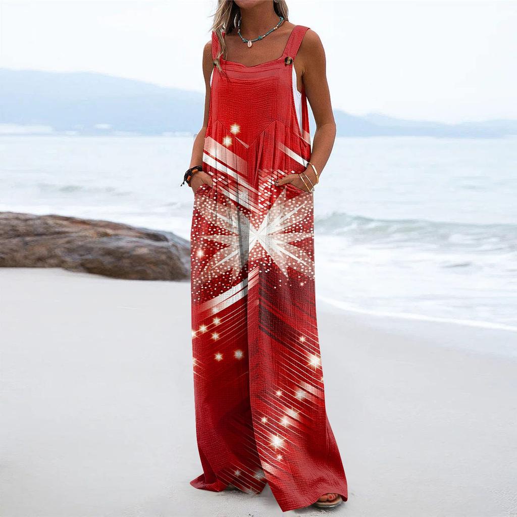 Damen-Overall mit weitem Bein, lässiger lockerer ärmelloser Overall, normaler bedruckter Knopf, lange Hosen, Taschen-Overall