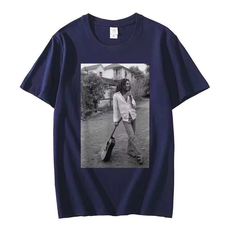 Bob Marley Guitarra Blanco y Negro Camiseta Novedad Verano Unisex Mujer Vintage Hip Hop Oversize Manga Corta Camisetas Gótico Streetwear