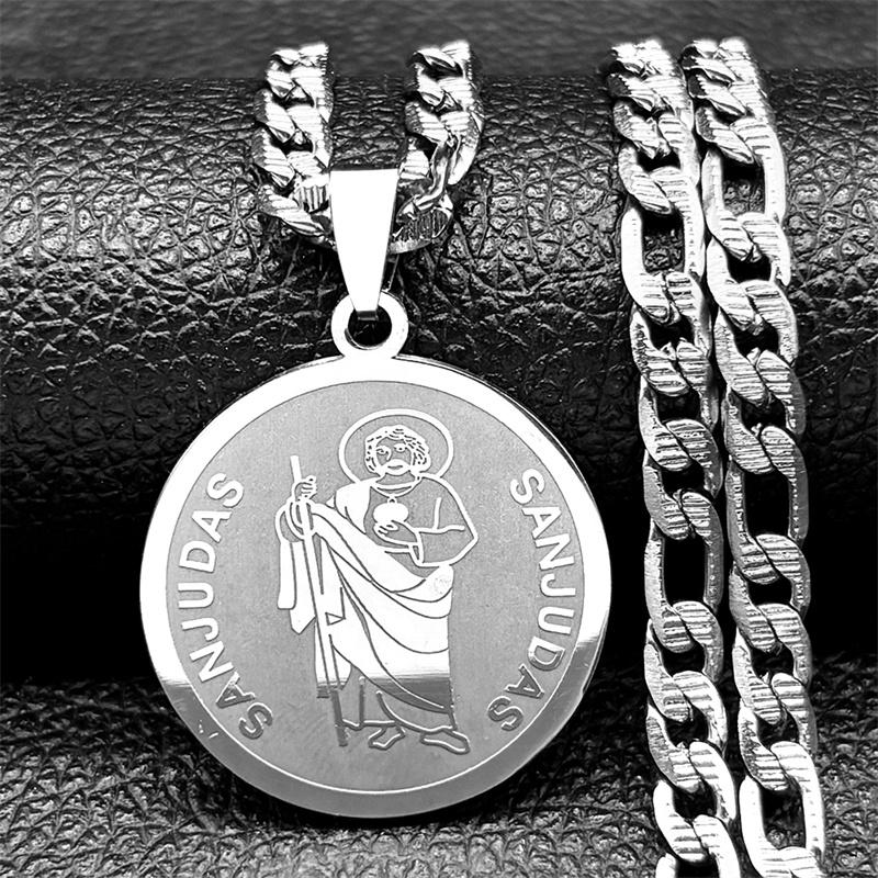 San Judas Tadeo Medal Pendant Necklace Religion Stainless Steel Hip Hop Chain Saint Jude Thaddeus Necklaces Jewelry Party Gift