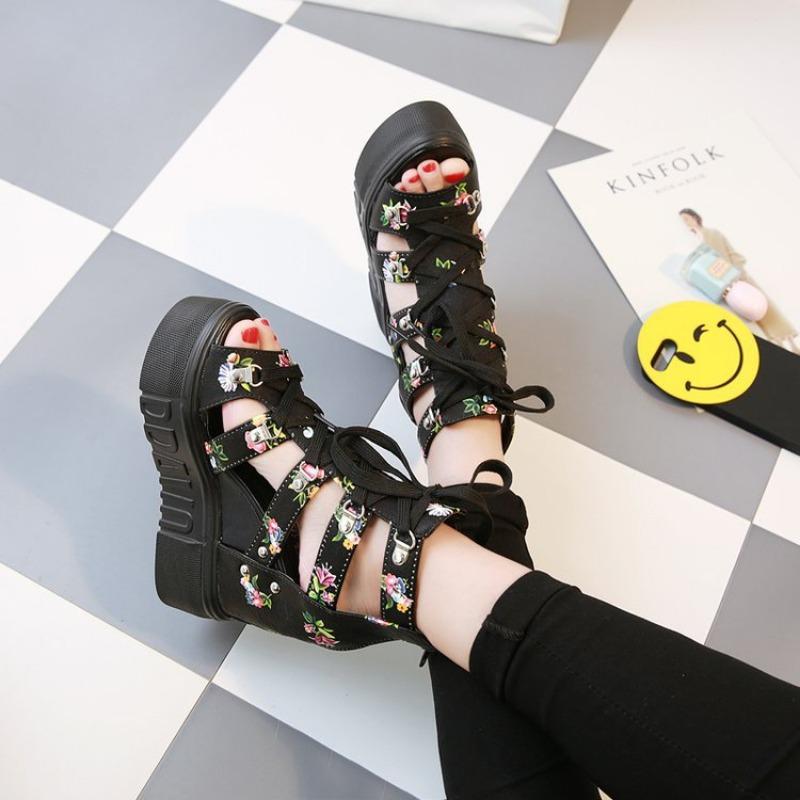 Hot Print Leisure Wedges Women's Shoes Summer Shoes Women Sandals Platform Shoelaces High Heels Casual Shoes Woman