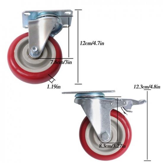 4 Inch Universal Caster Wheels Set of 4 (2 with Brakes and 2 Without Brakes)