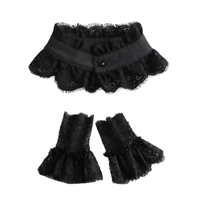 Women Faux Collar Eyelash Flower Lace Detachable Blouse Collar Necklace with False Sleeves Cuffs Set Clothing Accessory