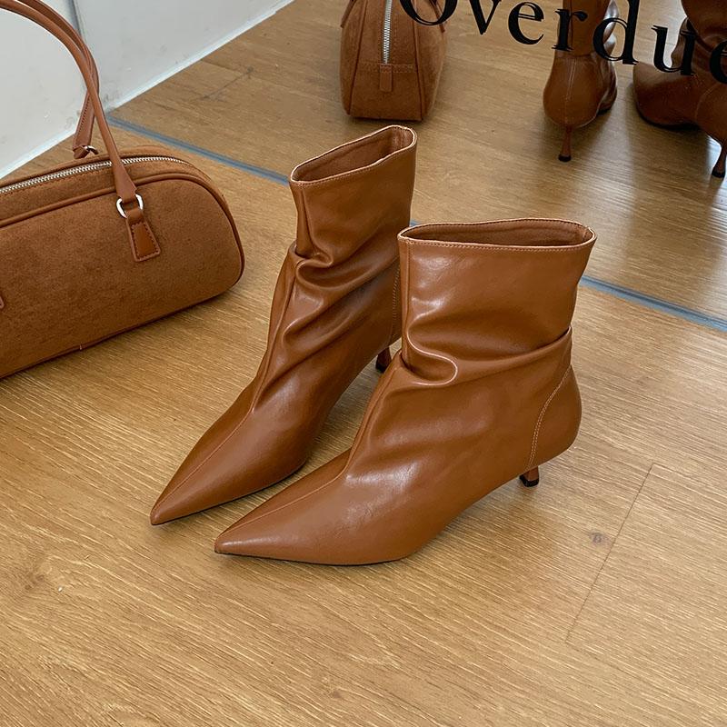 Fashion Heels Footwear Pointed Toe Ladies Ankle Modern Boots Shoes Fashion Pleated Women Short Boots Female Slip On Shoes Pumps