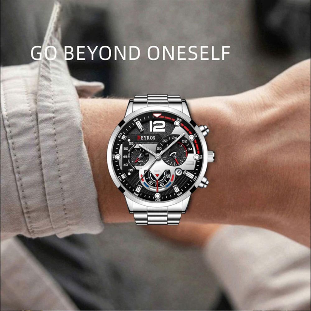 Watch Accessories Three-Piece Men'S Watch Silver Steel Strap Men'S Bracelet Necklace Quartz Watch