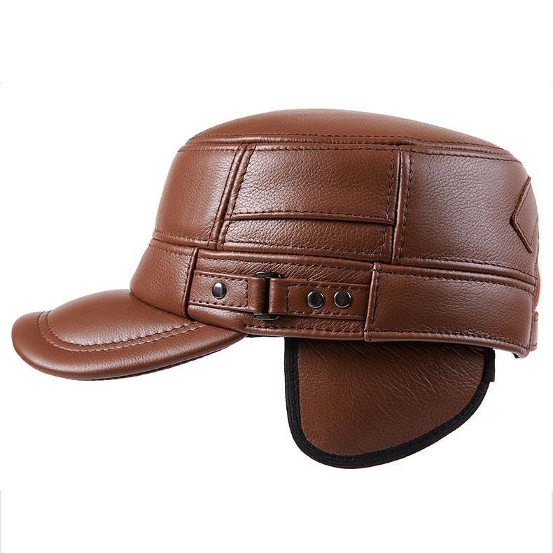 Flat Top Warm Winter Hat for Elderly Men Genuine Leather Dad Cap with Ear Flaps